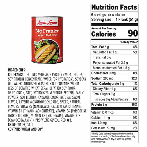 Loma Linda Big Franks 1 Pack 15 oz - Nutrition Facts and Ingredients List
