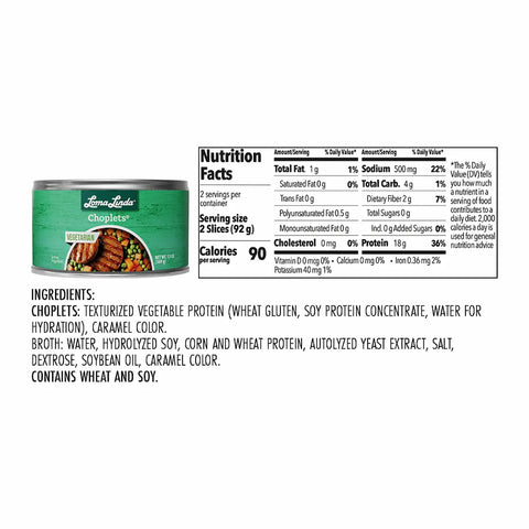 Loma Linda Choplets 13 oz can, back of the label showing ingredients and nutrient facts.