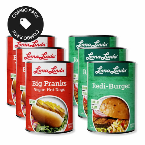 Loma Linda Grill & Chill Combo Pack with 3QTY Redi-Burger and 3QTY Big Franks. Total of 6-pack assortment on white background.