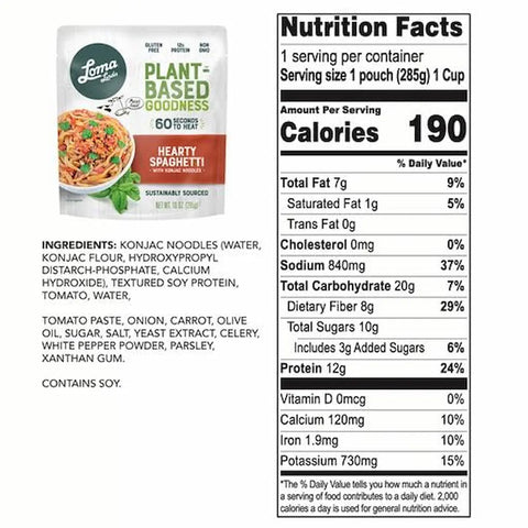 Hearty Spaghetti back of label showing nutritional information and ingredients list