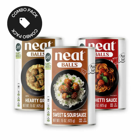 Loma Linda Neat Variety Pack with plant-based Neat Balls in Hearty Gravy, Spaghetti Sauce, and Sweet & Sour Sauce, 3-pack assortment on white background.