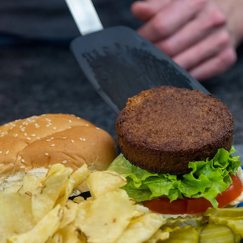 Redi-Burger patty on a bun - Vegan, plant-based meatless burger ready to serve