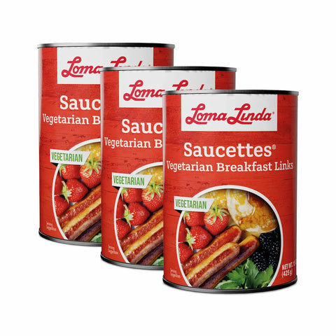 15 oz cans of Saucettes - 3-pack plant-based breakfast sausage alternative
