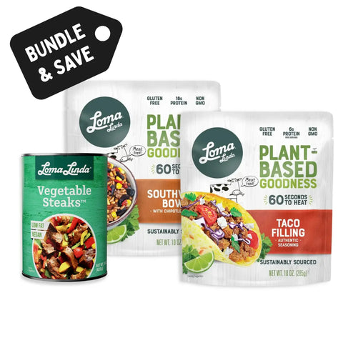 Loma Linda Southwest Fiesta Combo Pack with Southwest Bowl, Vegetable Steaks, and Taco Filling, 3-pack assortment on white background.