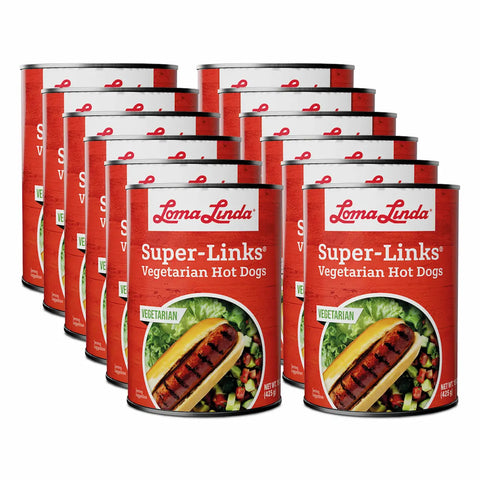 15 oz cans of Super Links - 12-pack plant-based hotdog alternative