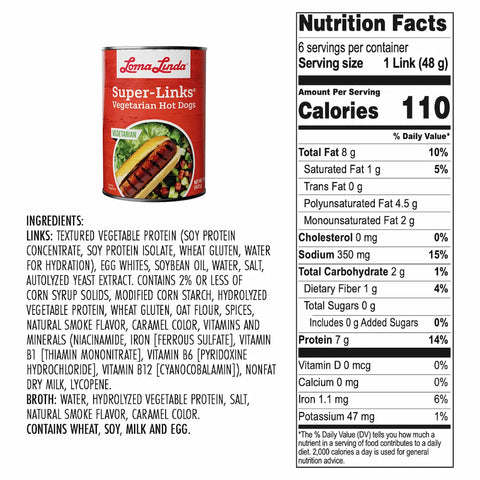 Super Links back of label showing nutritional information and ingredients list