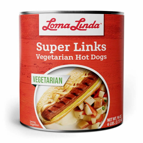 96 oz can of Super Links - 1-pack bulk vegetarian hotdog alternative