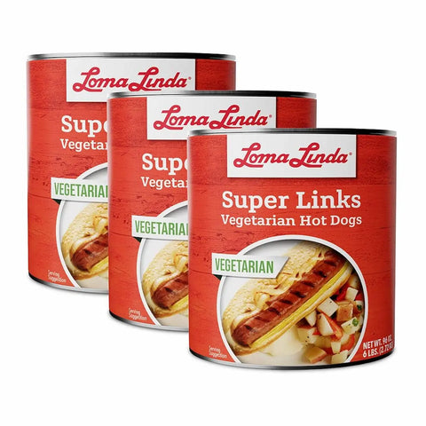 96 oz cans of Super Links - 3-pack bulk plant-based hotdog alternative