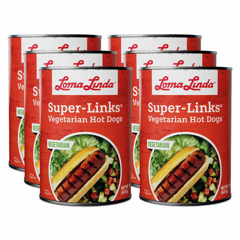 15 oz cans of Super Links - 6-pack vegetarian hotdog alternative