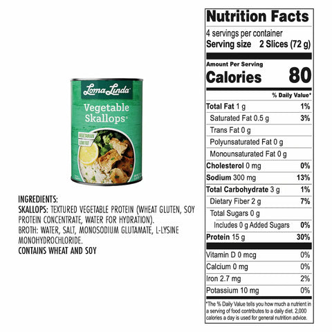 15 oz Vegetable Skallops back of label showing nutritional information and ingredients list