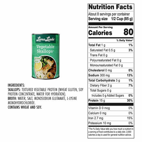 37.5 oz Vegetable Skallops back of label showing nutritional information and ingredients list
