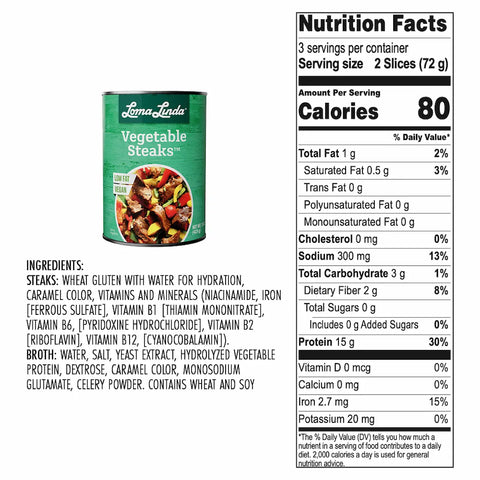 Loma Linda Vegetable Steaks ingredients and nutritional information.