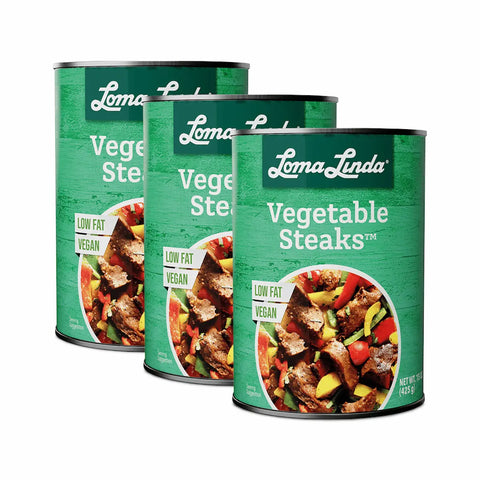 Loma Linda Vegetable Steaks 3-pack, plant-based steak substitute.
