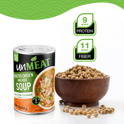 UnMeat roasted chicken and rice soup can with a bowl of beans and nutritional information on a white background