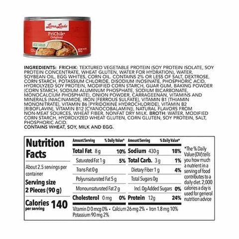 Loma Linda Frichik Original 12.5 oz, ingredients list and nutrition facts.