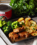 FriChik Original served with broccoli, sliced potatoes, and savory broth – plant-based fried chicken alternative in a comforting, homestyle dish