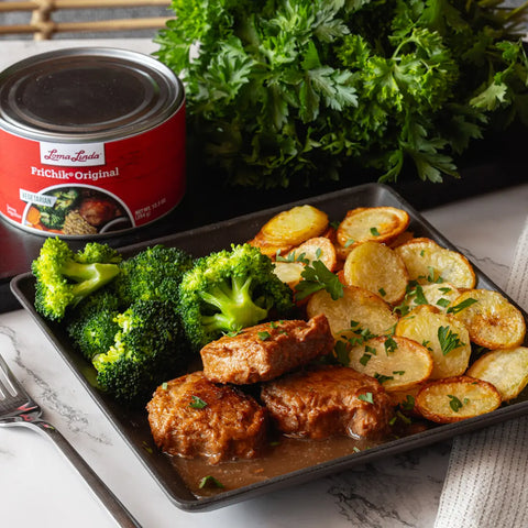 FriChik Original served with broccoli, sliced potatoes, and savory broth – plant-based fried chicken alternative in a comforting, homestyle dish