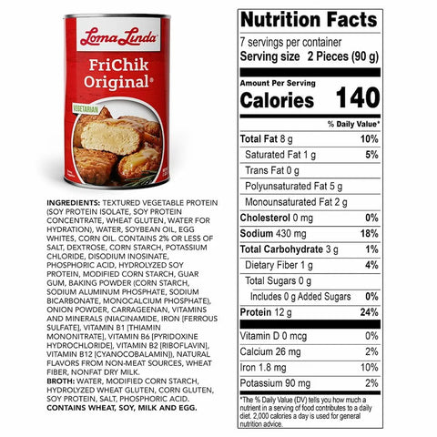 Loma Linda Frichik Original 40 oz, ingredients list and nutrition facts.