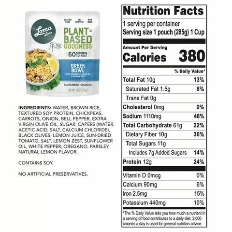 Greek Bowl back of label showing nutritional information and ingredients list