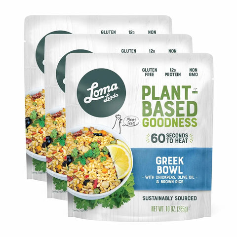 3-pack of 10 oz Greek Bowls - Plant-based, gluten-free meal with chickpeas, brown rice, and olives