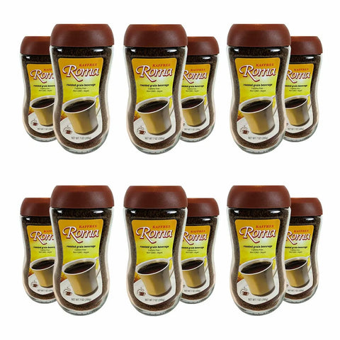 Kaffree Roma 12-pack, non-GMO, caffeine-free coffee alternative with a bold, roasted flavor.