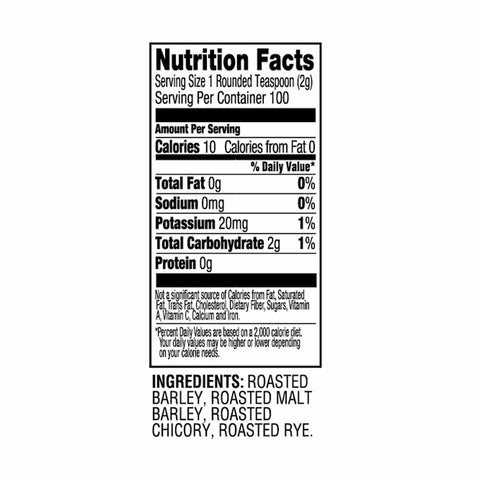 Kaffree Roma ingredients and nutrition facts, showing roasted barley, chicory, rye, and nutritional information.