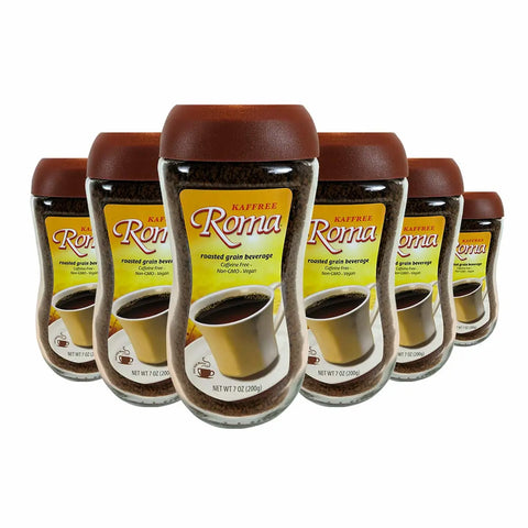 Kaffree Roma 6-pack, vegan coffee substitute, made from roasted barley, chicory, and rye.