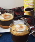 Kaffree Roma served in glass mugs with a frothy milk top, highlighting a creamy, caffeine-free coffee alternative.