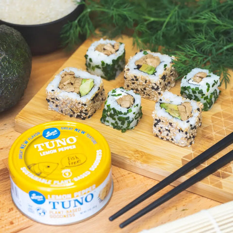 Loma Linda Lemon Pepper TUNO served in sushi rolls with chopsticks, vegan tuna alternative.