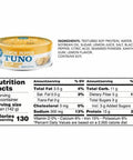 Loma Linda Lemon Pepper TUNO 5 oz can, back of the label showing ingredients and nutrient facts.