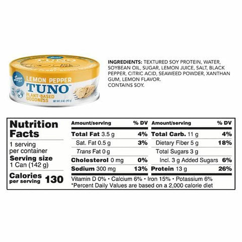 Loma Linda Lemon Pepper TUNO 5 oz can, back of the label showing ingredients and nutrient facts.