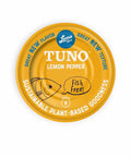 Loma Linda Lemon Pepper TUNO 5 oz can, top lid view, vegan tuna alternative.