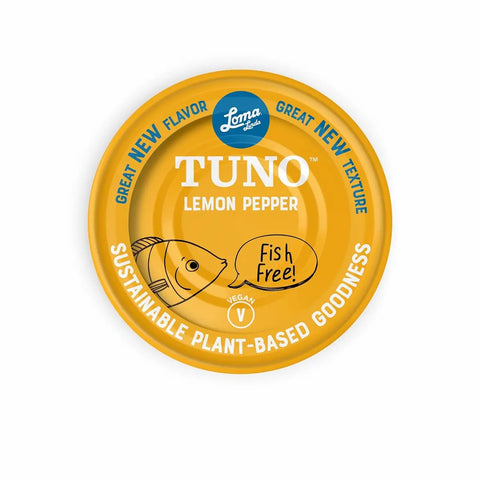 Loma Linda Lemon Pepper TUNO 5 oz can, top lid view, vegan tuna alternative.