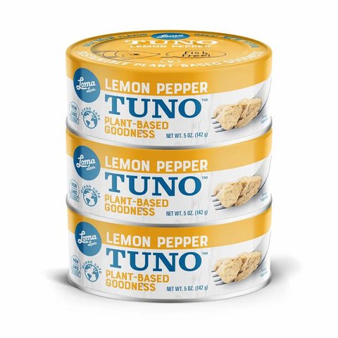 Loma Linda Lemon Pepper TUNO 5 oz 3-pack, vegan tuna alternative.