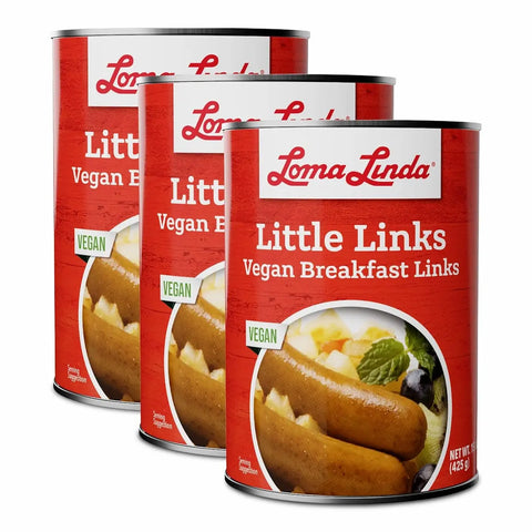 15 oz cans of Little Links - 3-pack plant-based breakfast sausage alternative