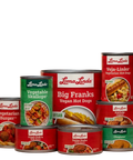 Collection of Loma Linda vegan food cans on a beige background