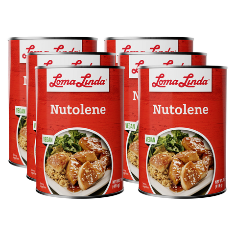 Six cans of Loma Linda Nutolene on a white background