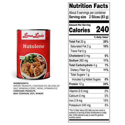 Loma Linda Nutolene can with nutrition facts label and ingredients on a white background