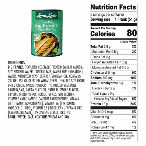 Frank Label Loma Linda Low Fat Big Franks - Vegan Hot Dogs | 82% Less Fat