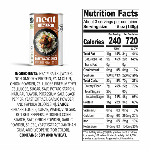 Loma Linda Neat Balls Ingredients - Sweet & Sour Sauce - Vegan Meatballs Plant-Based Protein