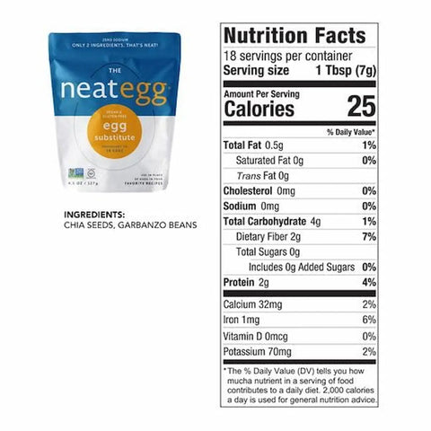 neat Egg Mix pouch, back label showing ingredients and nutrient facts.