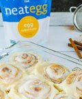 Freshly baked cinnamon rolls made with neat Egg, vegan egg substitute.