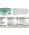 Loma Linda Pesto & Sun-Dried Tomato TUNO 5 oz can, back of the label showing ingredients and nutrient facts.