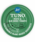 Loma Linda Pesto & Sun-Dried Tomato TUNO 5 oz can, top lid view, vegan tuna alternative.