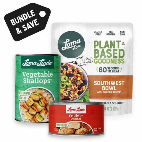 Loma Linda Power Protein Sampler Combo Pack with Southwest Bowl, FriChik Original, and Vegetable Skallops, 3-pack assortment on white background.