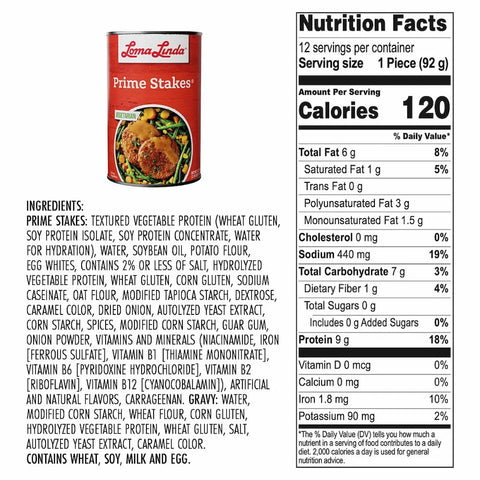 Loma Linda Prime Stakes 37.5 oz can, back of the label showing ingredients and nutrient facts, plant-based beef alternative.