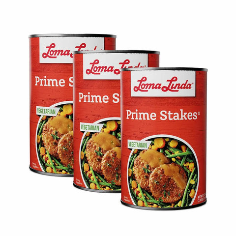 Loma Linda Prime Stakes 37.5 oz 3-pack, plant-based beef alternative.