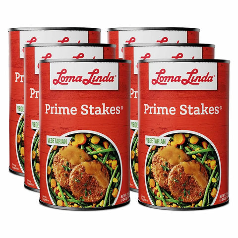 Loma Linda Prime Stakes 37.5 oz 6-pack, plant-based beef alternative.