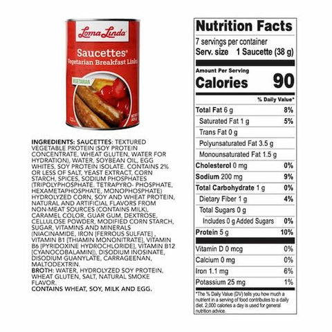 Saucettes back of label showing nutritional information and ingredients list