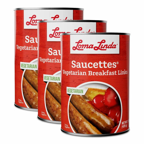 15 oz cans of Saucettes - 3-pack plant-based breakfast sausage alternative